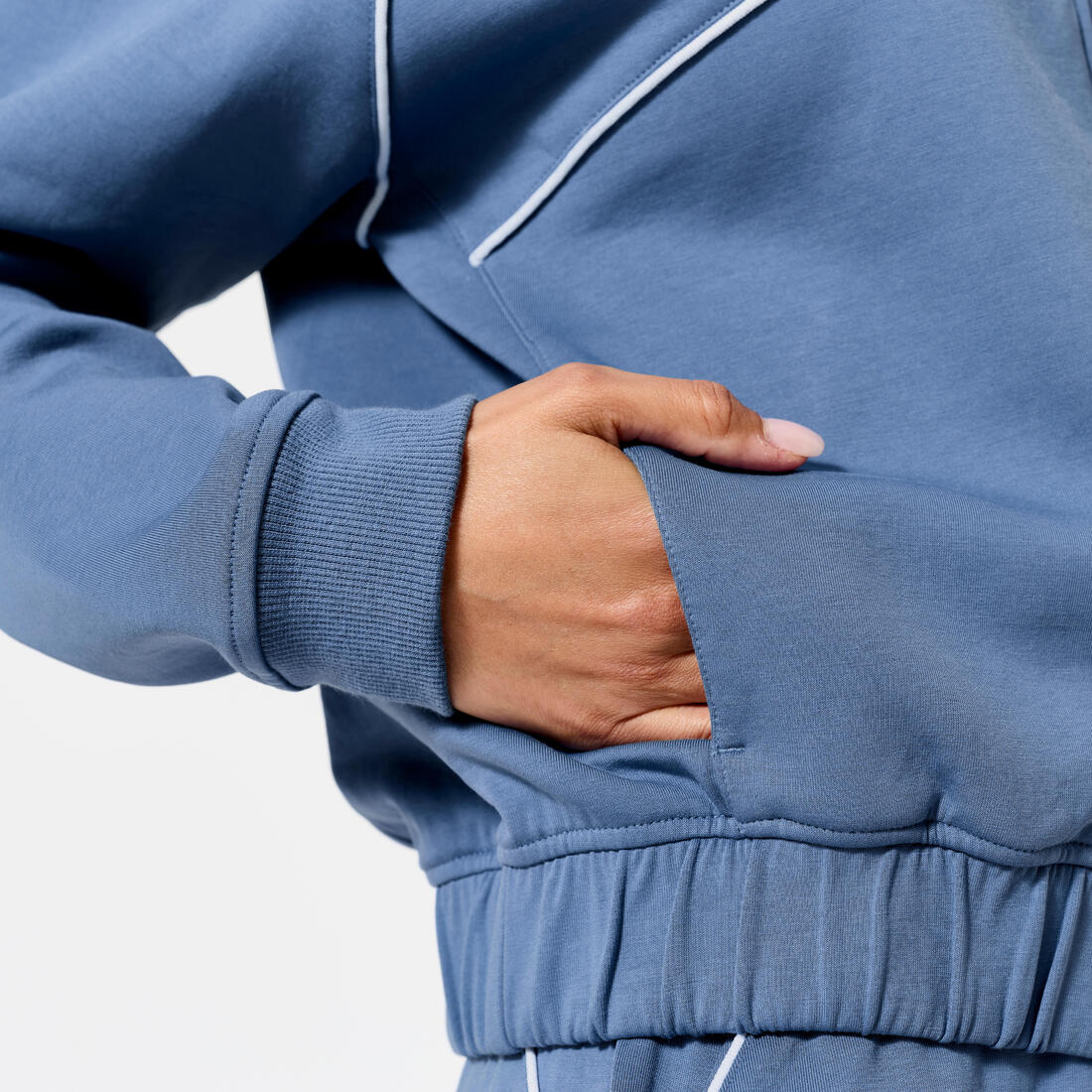 Veste bombers zipée femme, beige avec piping vert.