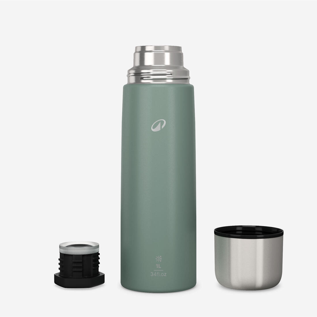 Bouteille isotherme inox 1L avec gobelet pour la randonnée - vert fumé