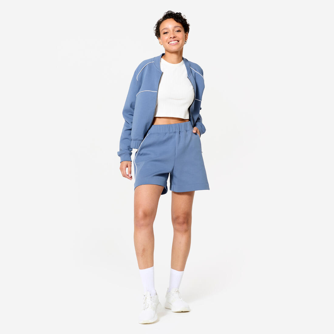 Short fitness ample, femme, bleu et blanc