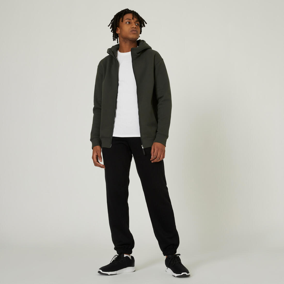 Sweat zippé avec capuche fitness homme, vert foncé
