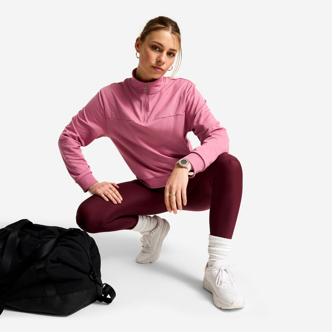 Sweat Manches Longues Col Zippé Fitness Cardio Femme Corail