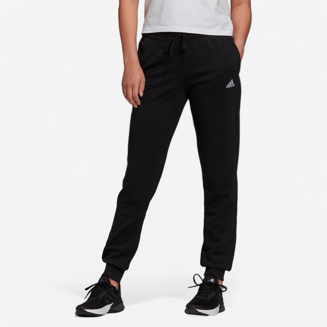 Pantalon jogging fitness femme coton majoritaire ajusté - Linear noir