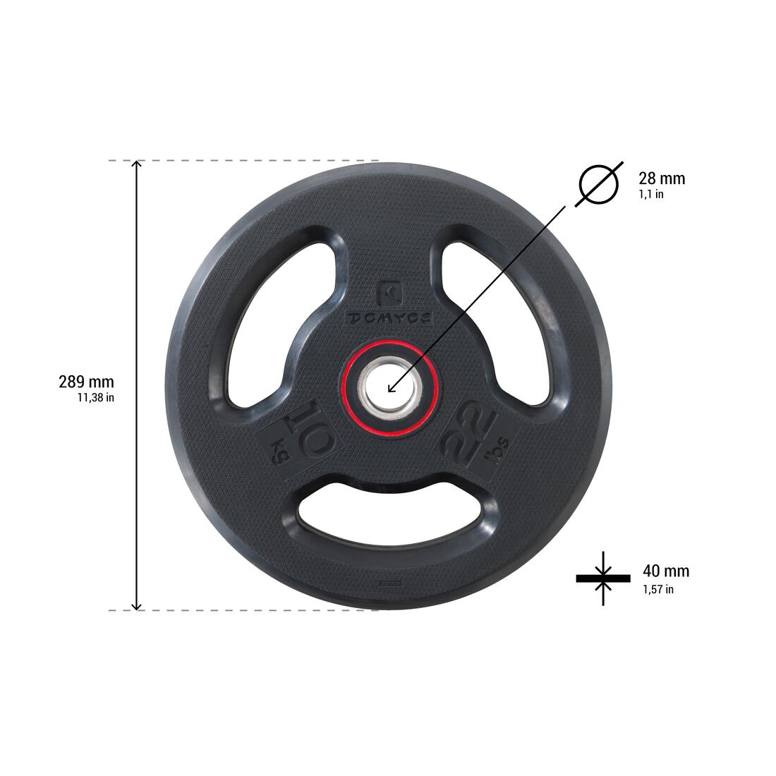 Disque musculation caoutchouc 10kg 28mm avec poignées, fonte en partie recyclée