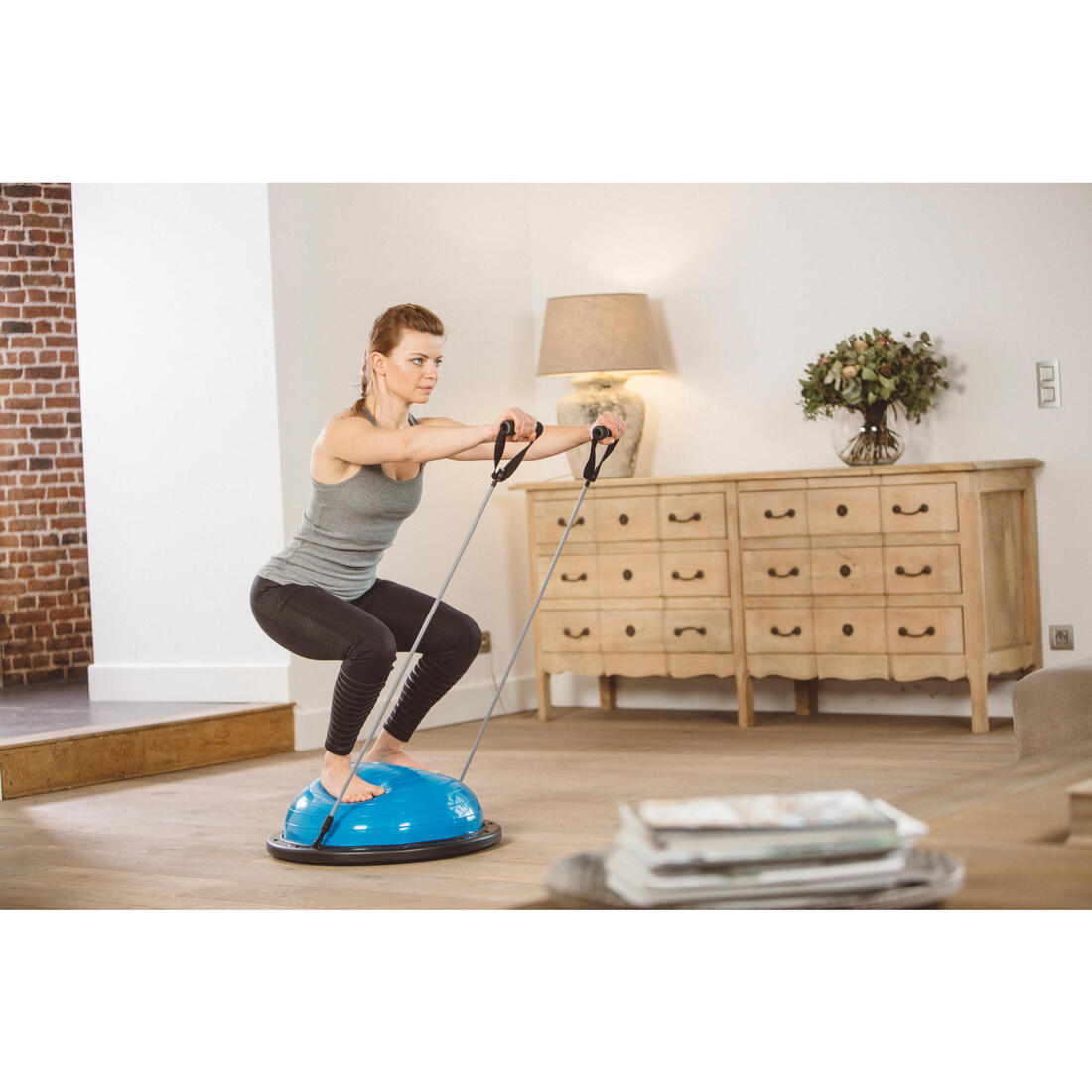 Station d'équilibre fitness réversible avec élastiques, bleu