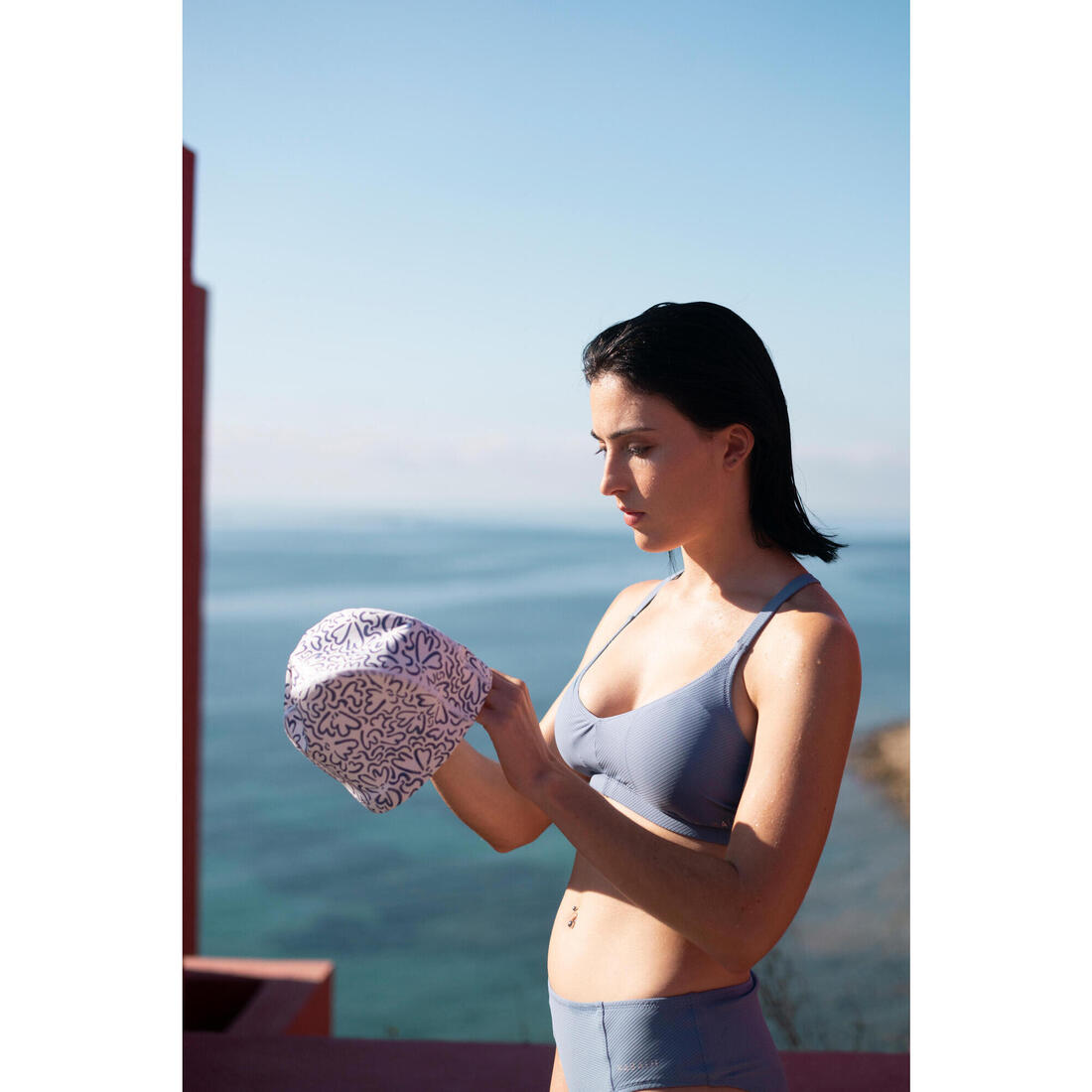 Bonnet de bain en maille enduite - tissu imprimé - taille m - vert line