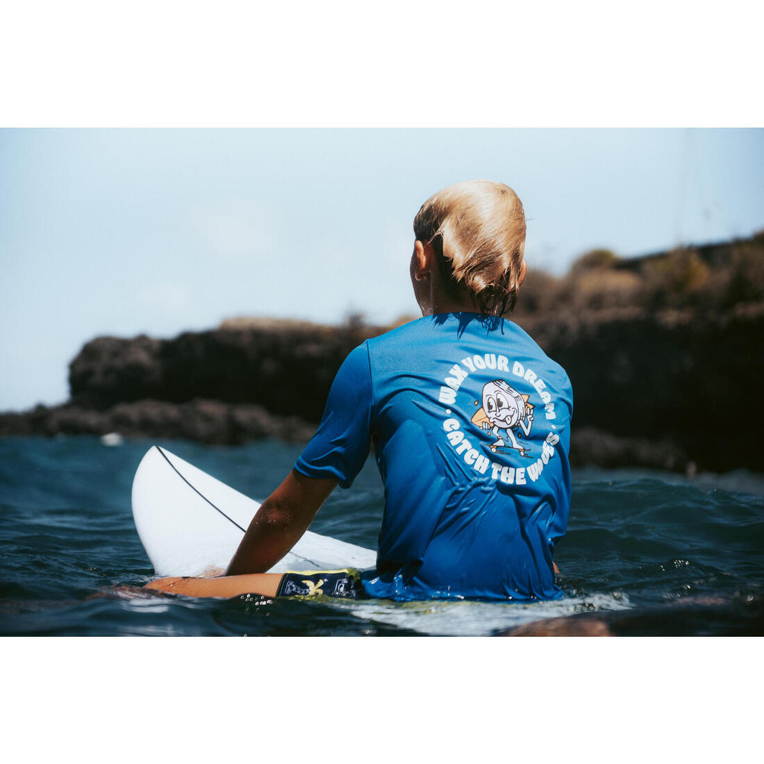 T-shirt anti UV manches courtes surf Junior - 100 blanc noir skate