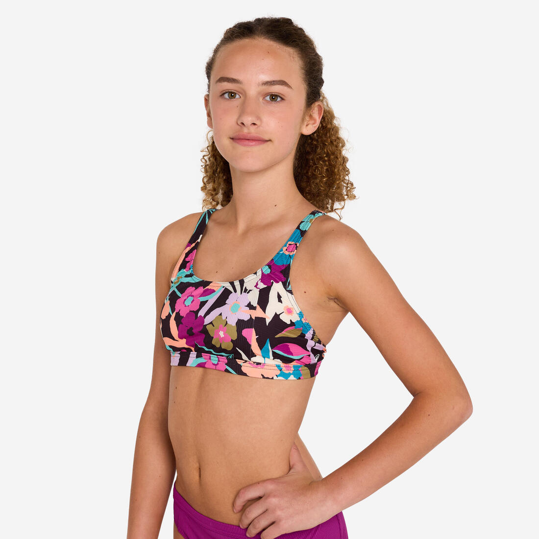 Haut de maillot de bain brassière fleuri réglable Fille - 500 Nora