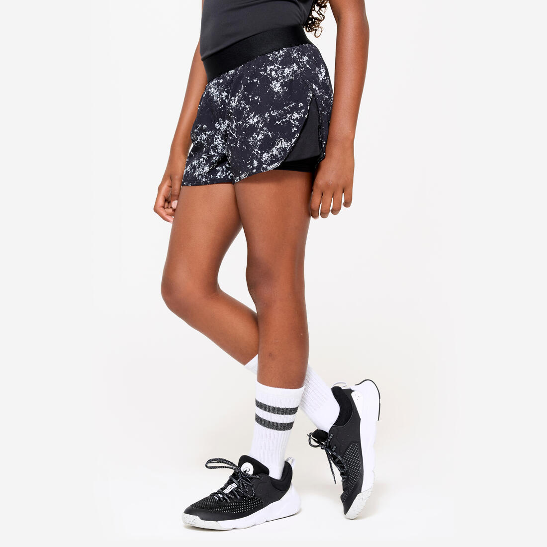 Short multisport respirant 2 en 1 fille, Imprimé noir et