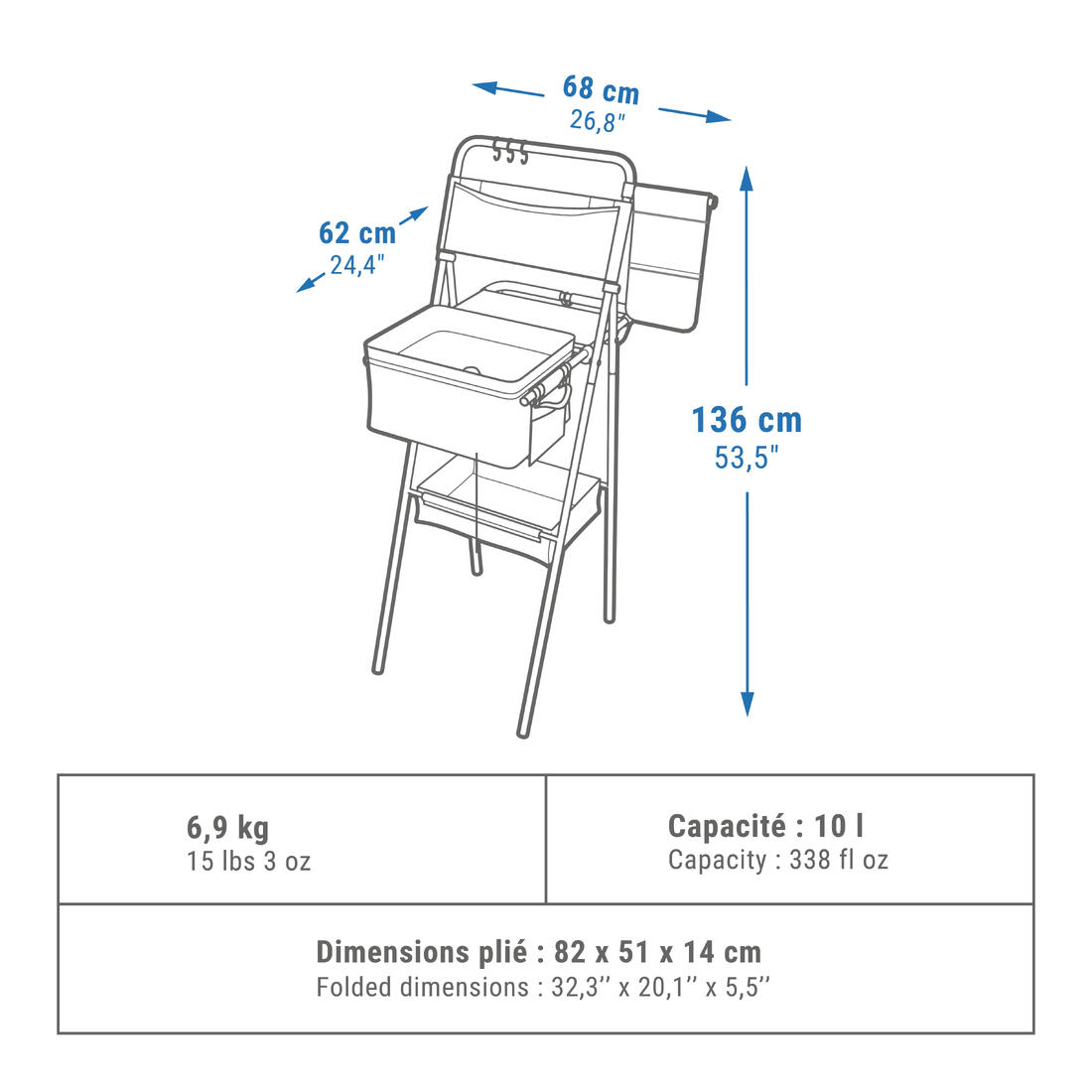 Meuble evier de camping, avec réservoir pour eaux grises et multiples rangements