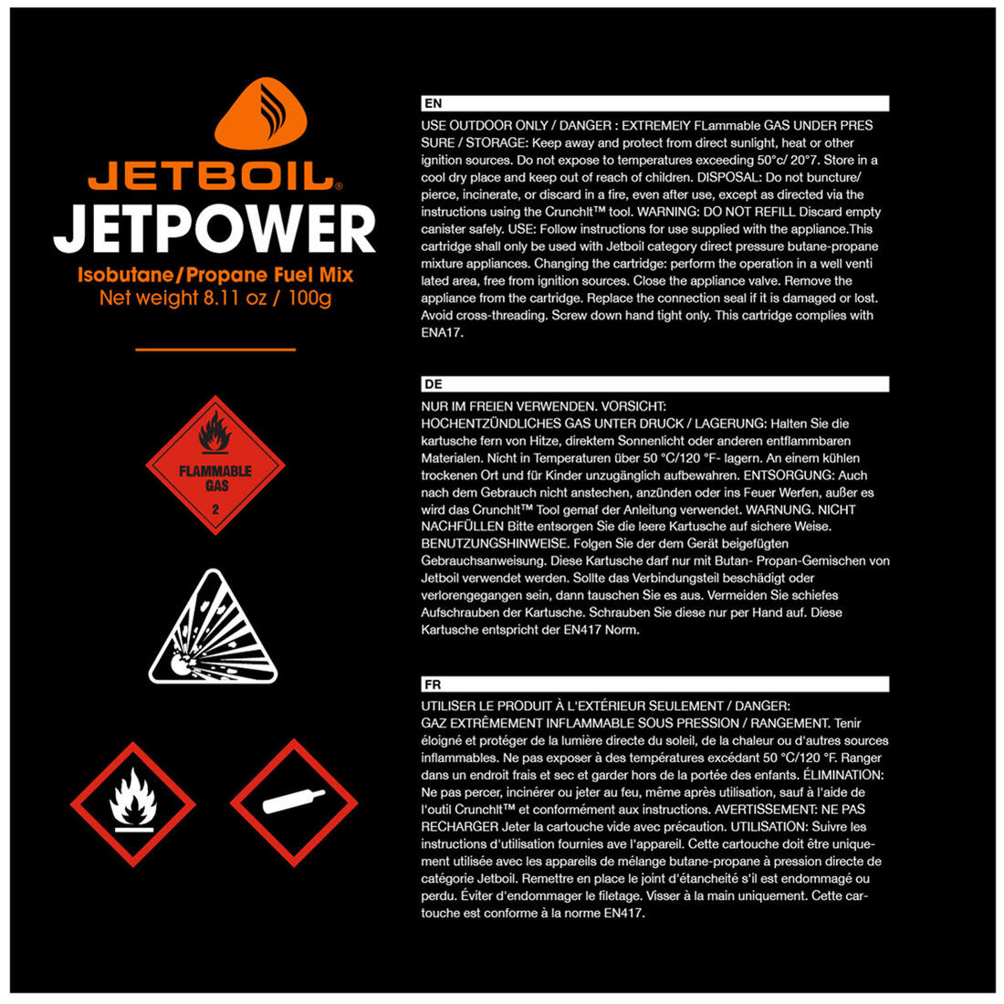 Cartouche de gaz à vis 100 grammes pour réchaud JETBOIL