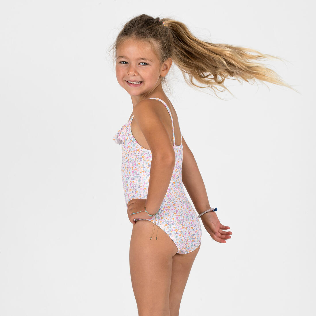 Maillot de bain 1 pièce avec volants bébé / fille, blanc rose imprimés fleurs