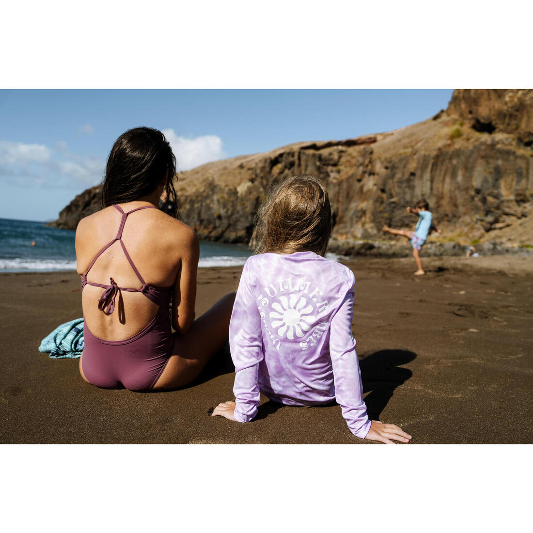 T-shirt anti UV manches longues surf Junior - 100 Vibes parme