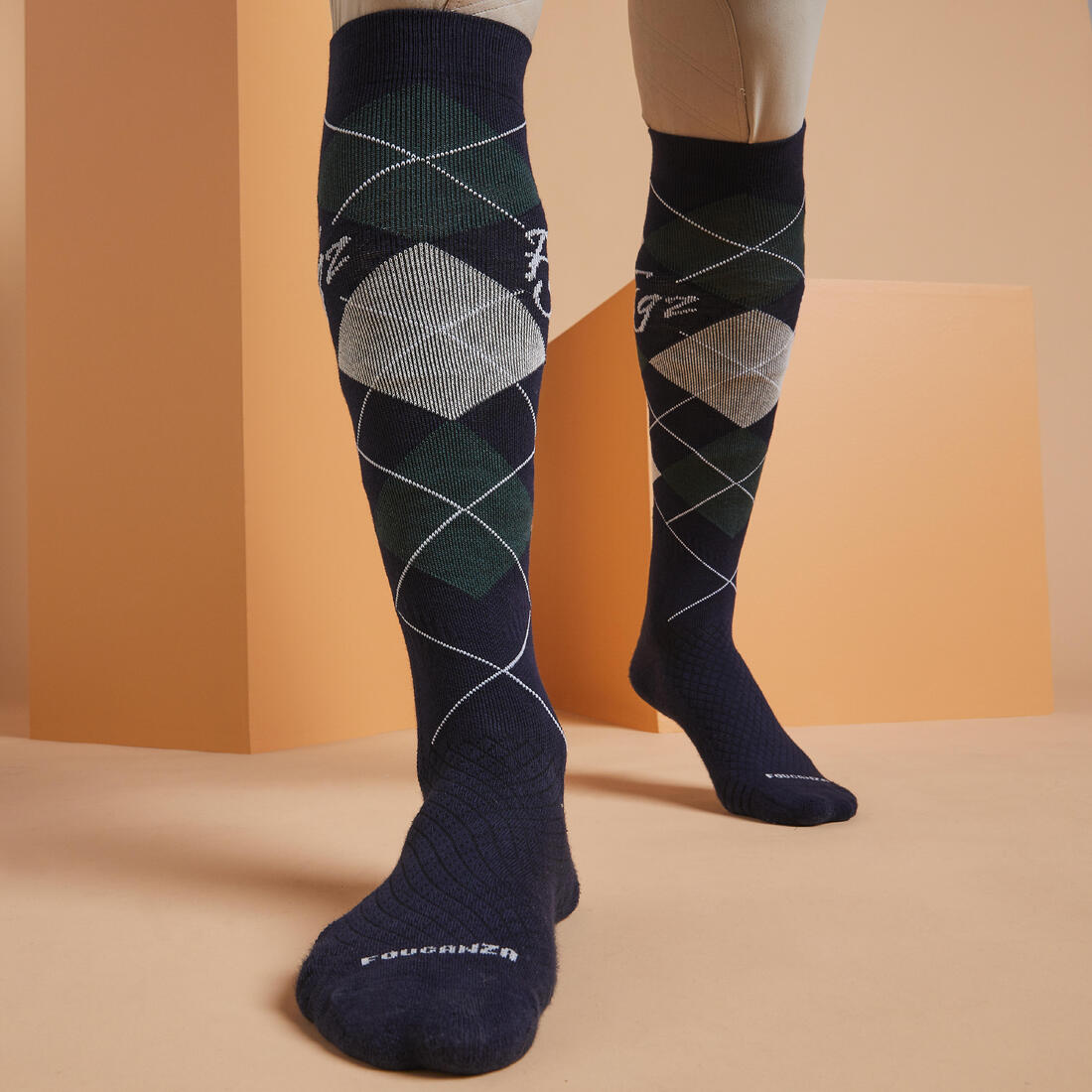 Chaussettes d'équitation 500 adulte losanges noir, gris et rose. lot de 2