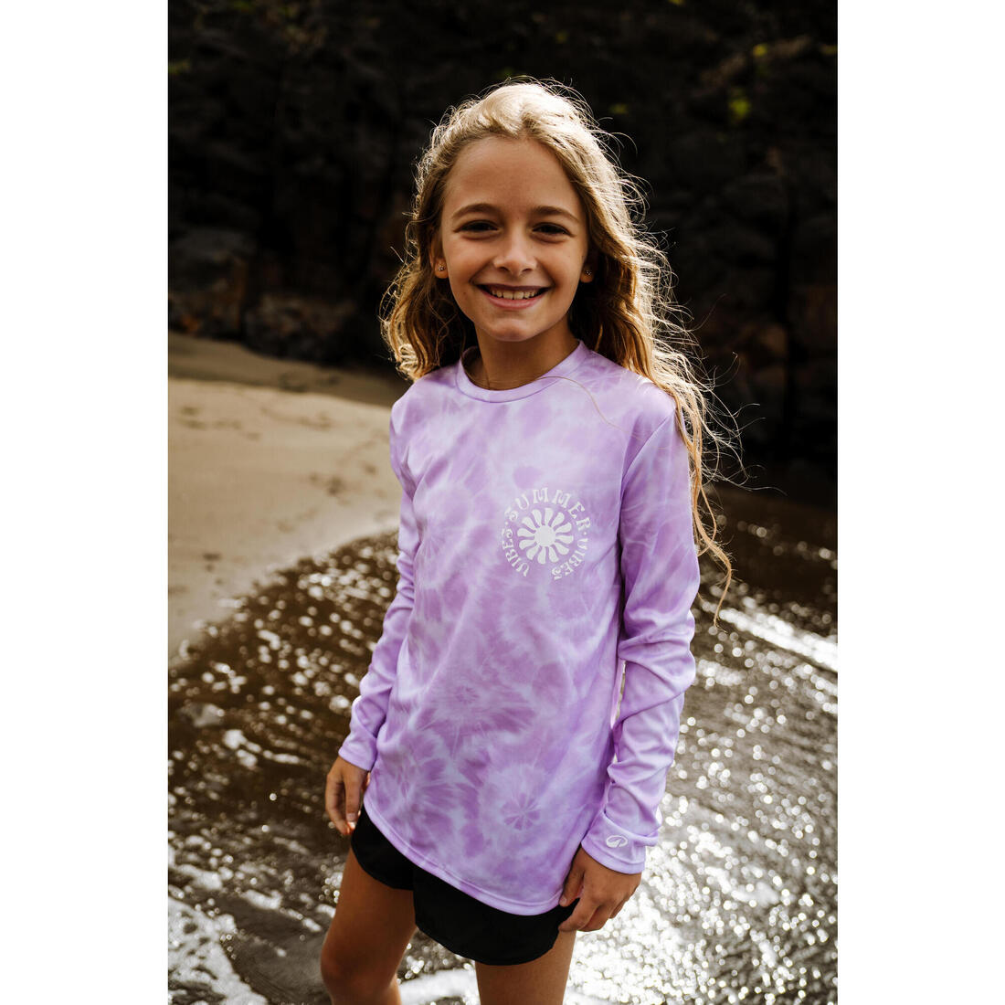 T-shirt anti UV manches longues surf Junior - 100 Vibes parme