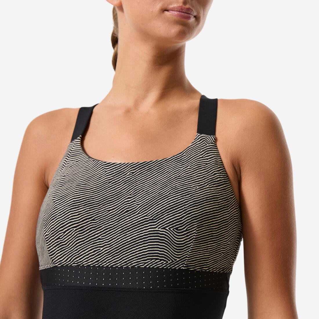 Maillot de bain 1 pièce aquagym aquabike shorty femme, Elea sono noir beige