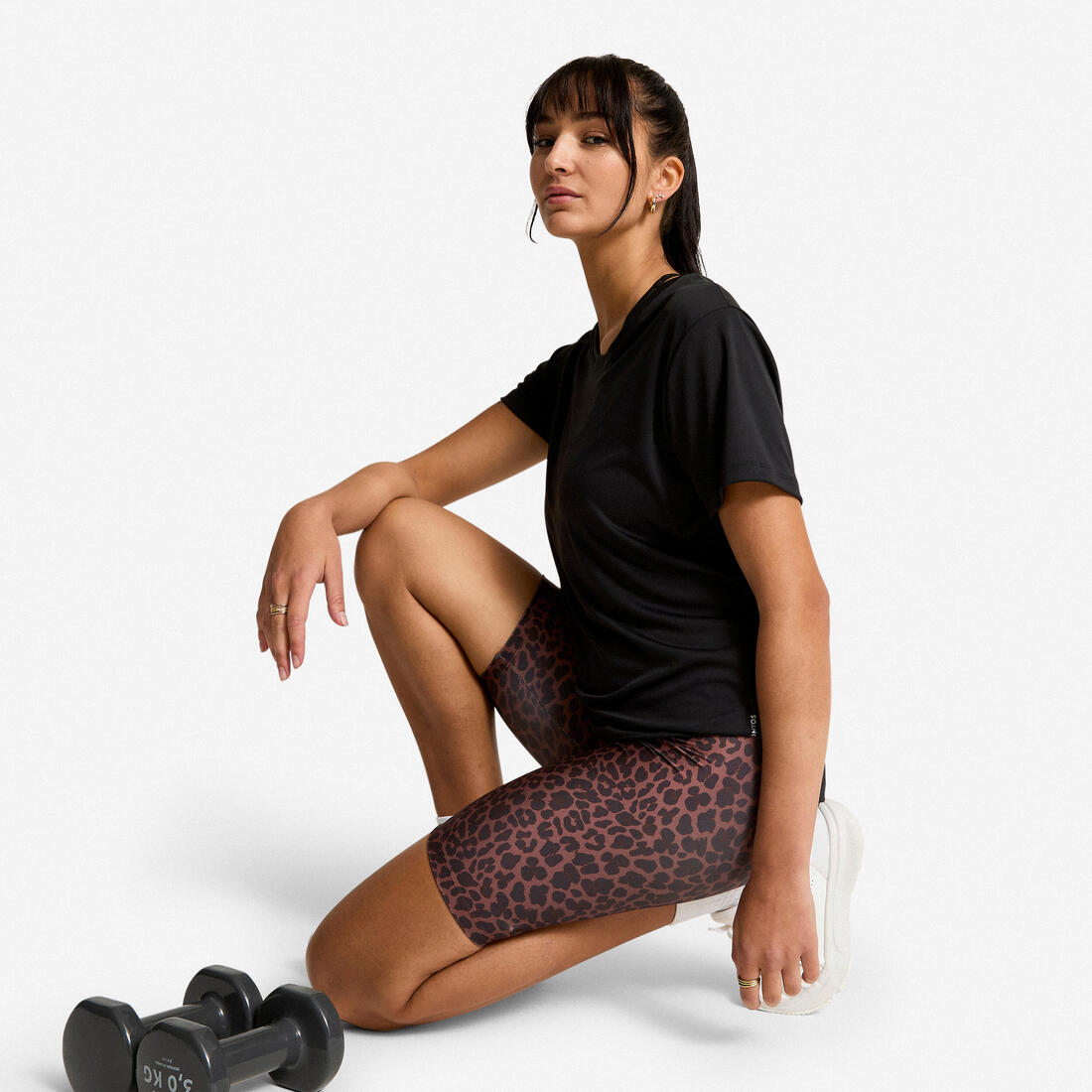 Cycliste de fitness extensible femme, gris foncé imprimé léopard