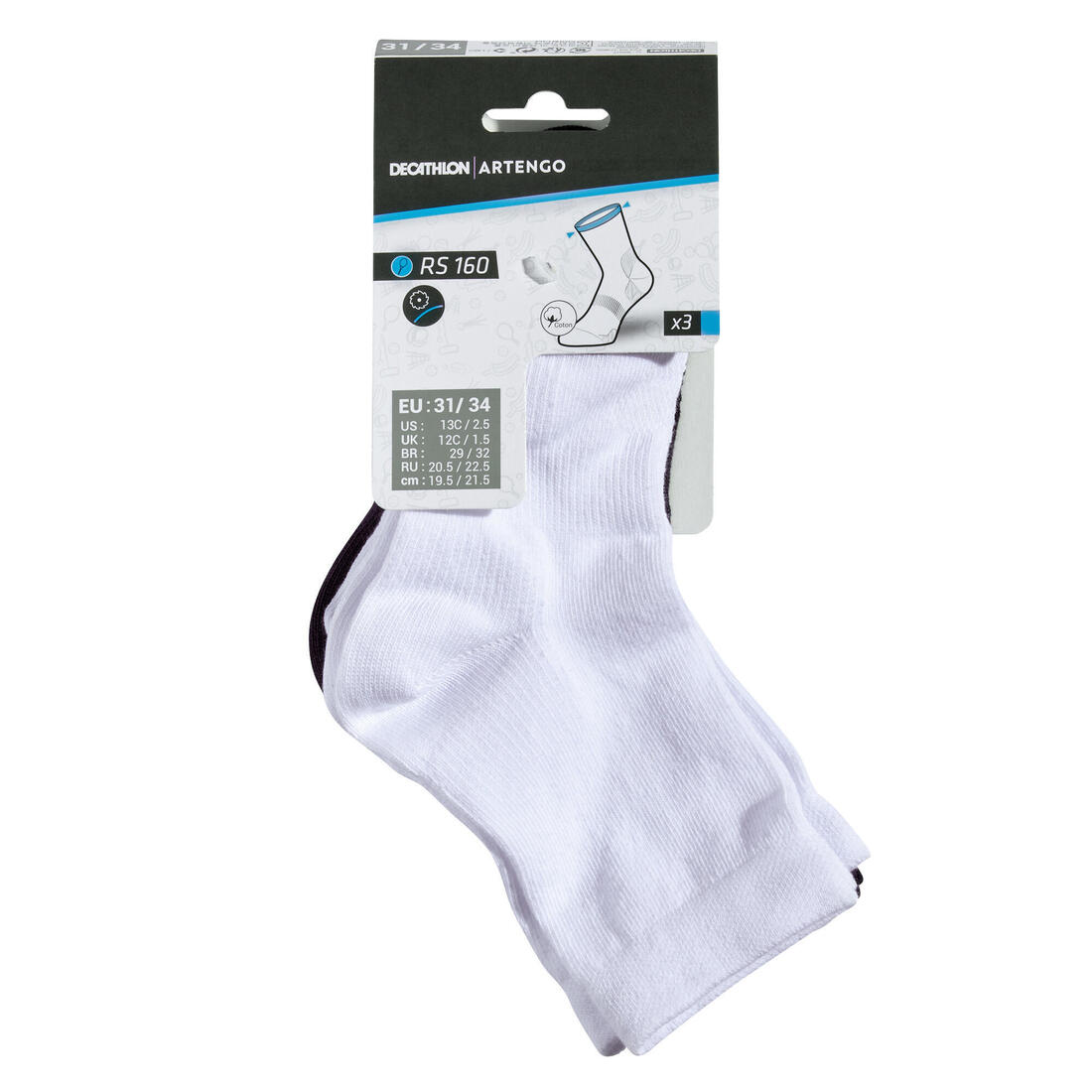 CHAUSSETTES DE SPORT HAUTES ENFANT RS 60 BLANC MARINE LOT DE 3.