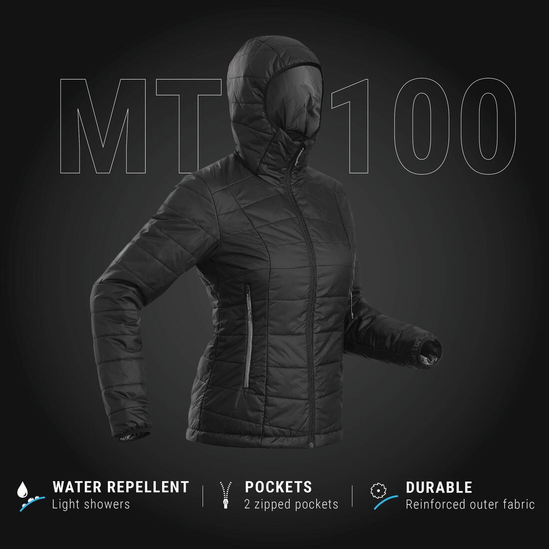 Doudoune de trek à capuche synthétique femme, MT100