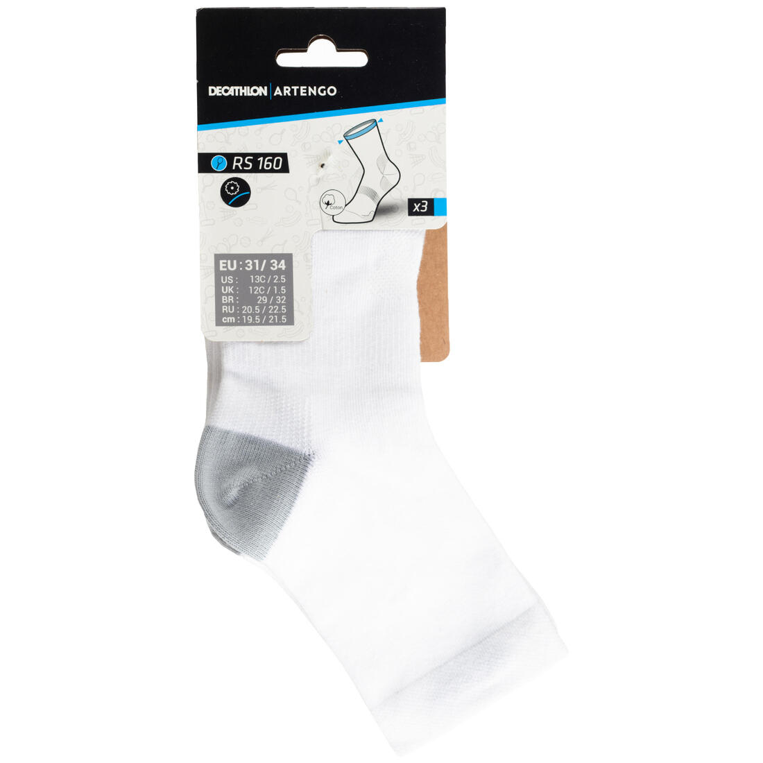 CHAUSSETTES DE SPORT ENFANT HAUTES ARTENGO RS 160 BLANC MARINE BLANC LOT DE 3