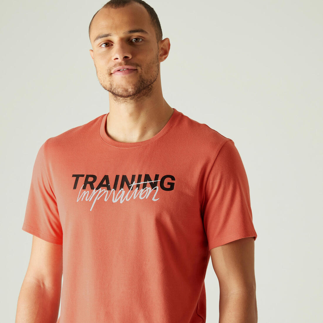 T-shirt fitness manches courtes slim coton col rond homme blanc a imprimé