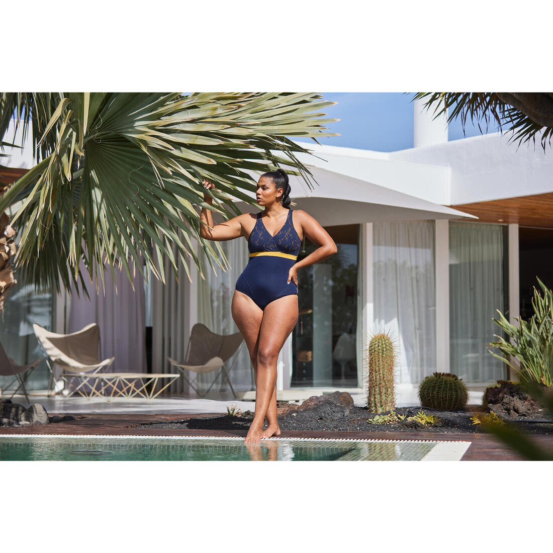 Maillot de bain 1 pièce Aquagym femme Mia Dot bleu Bonnet D/E