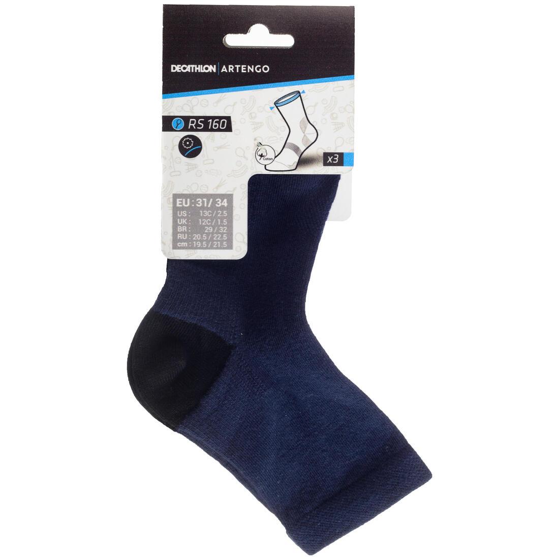 CHAUSSETTES DE SPORT ENFANT HAUTES ARTENGO RS 160 BLANC MARINE BLANC LOT DE 3