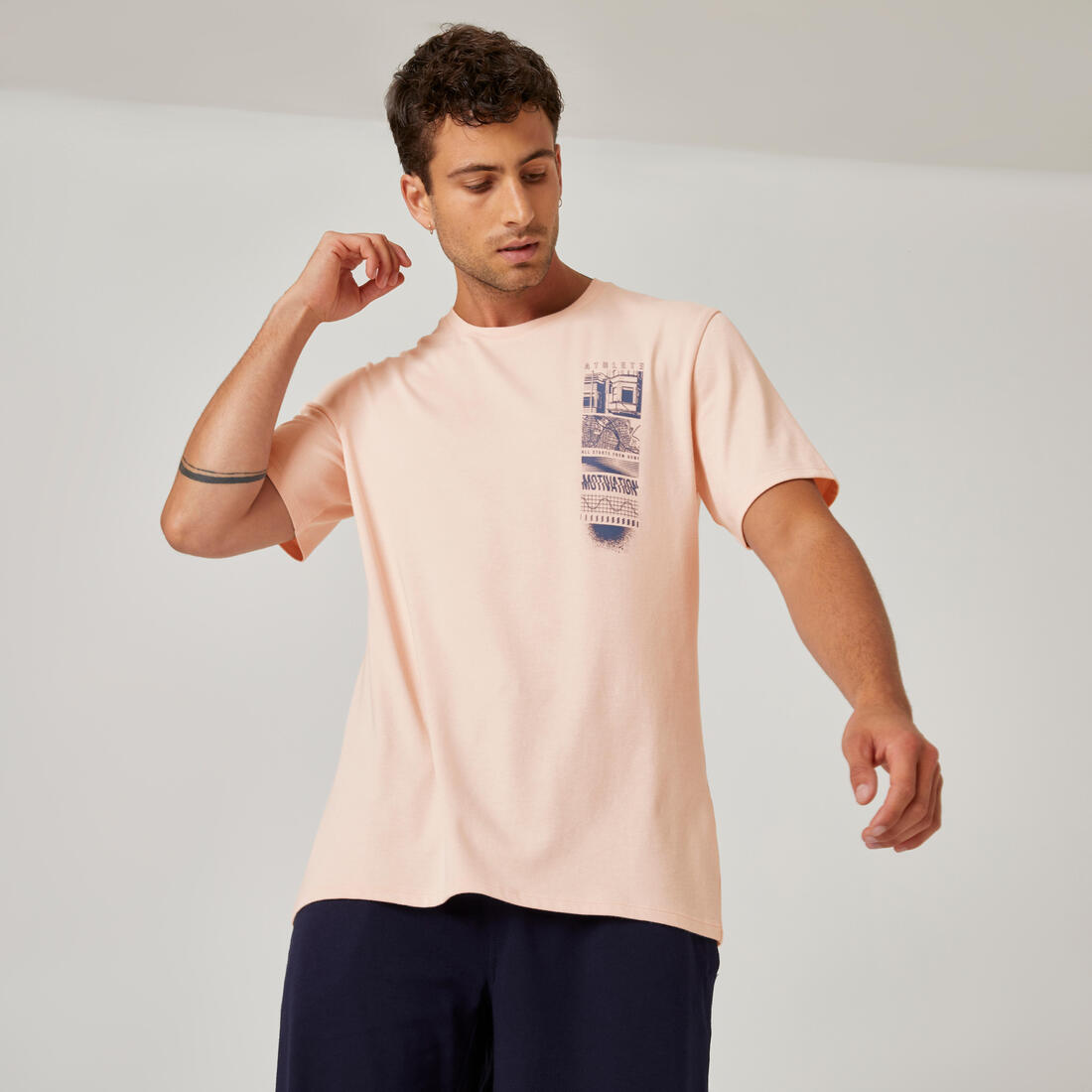 T-shirt fitness manches courtes slim coton col rond homme blanc a imprimé