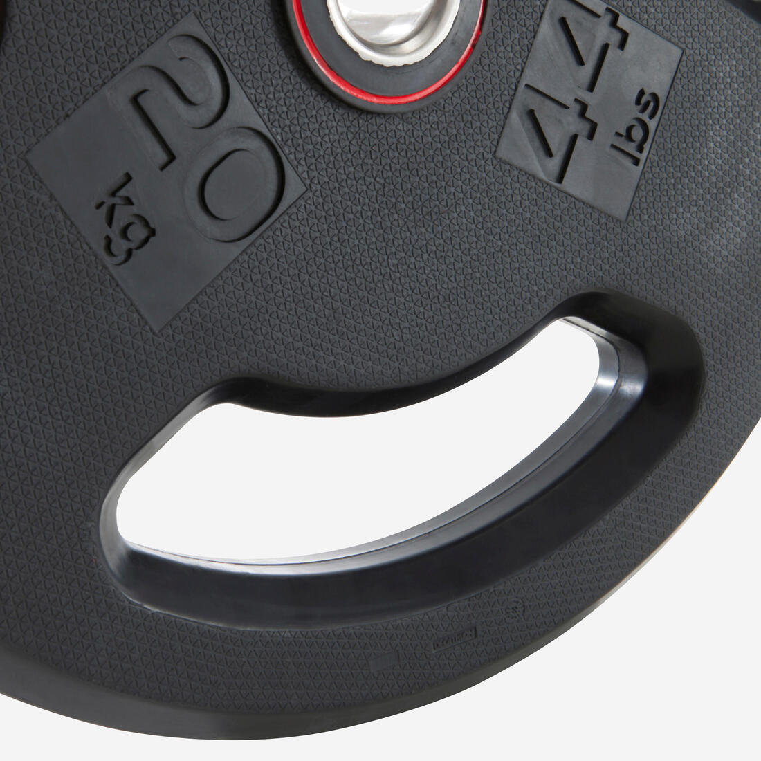 Disque musculation caoutchouc 20kg 28mm avec poignées, fonte en partie recyclée