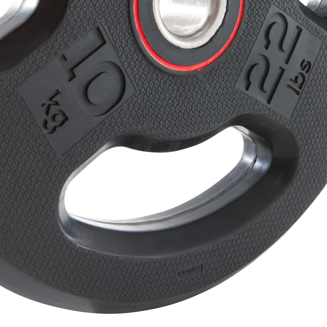 Disque musculation caoutchouc 10kg 28mm avec poignées, fonte en partie recyclée