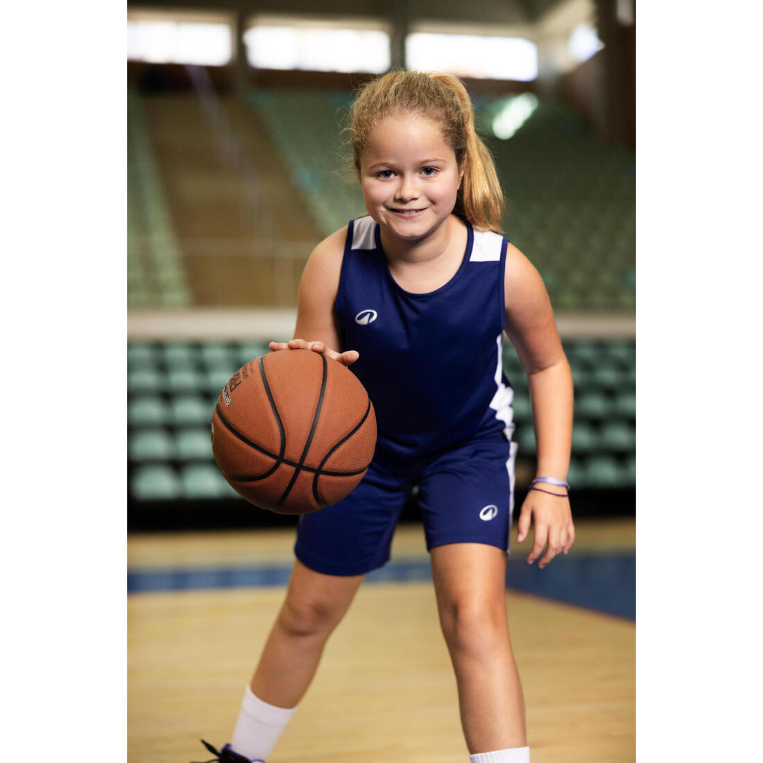 Short de basket enfant, SH100 bleu foncé