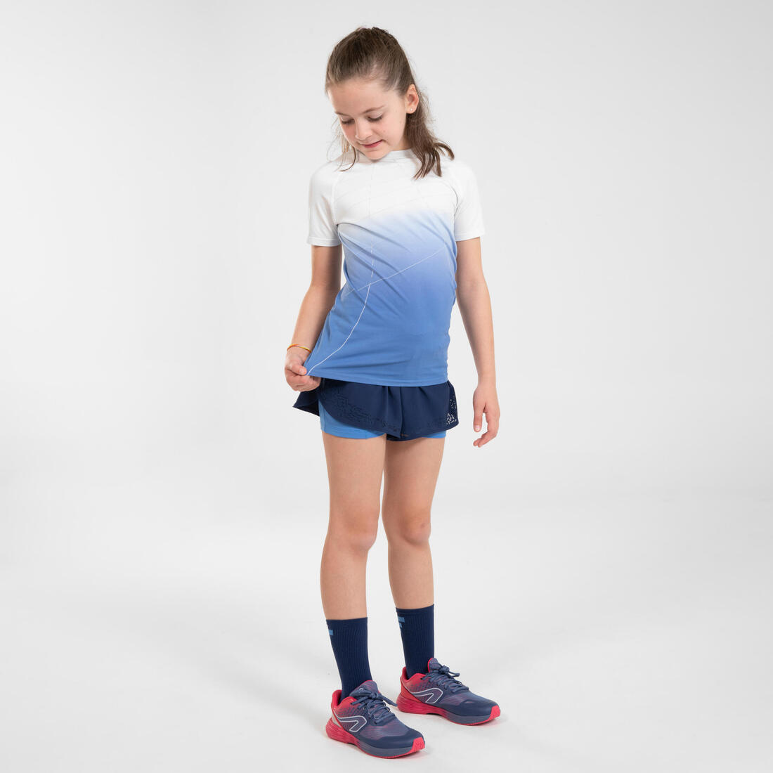 Short cuissard de running respirant Fille - KIPRUN DRY+ 2 en 1 marine et