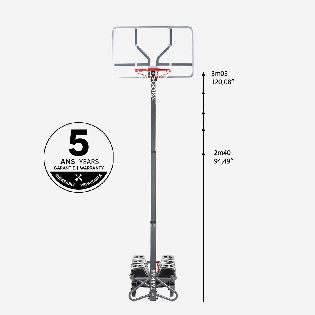 Panier basket pliable sur pied planche transparente 2,4 à 3,05 m, B500 Box