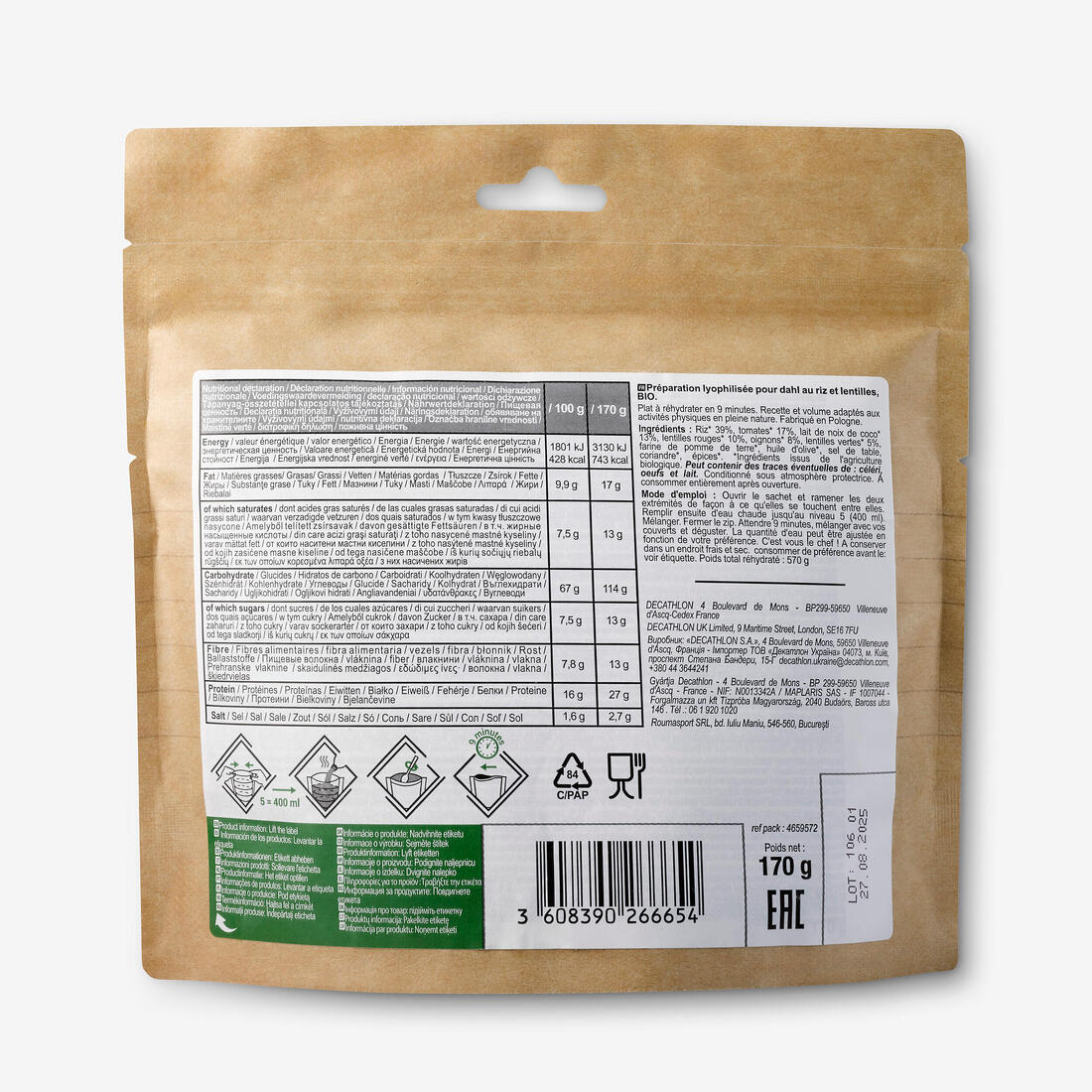 Repas lyophilisé végétarien et bio - Dahl au riz et lentilles Maxi Pack - 170 g