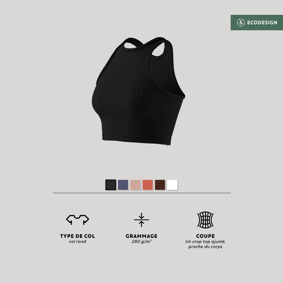 Débardeur CROP TOP Fitness Femme - 520 côtelé Jaune melon