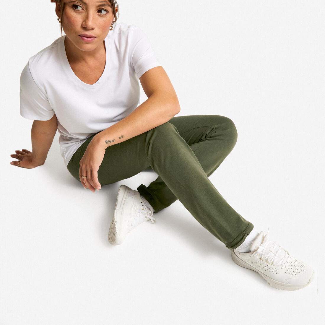 Legging fitness long coton extensible bas resserable femme - Fit+ gris chiné