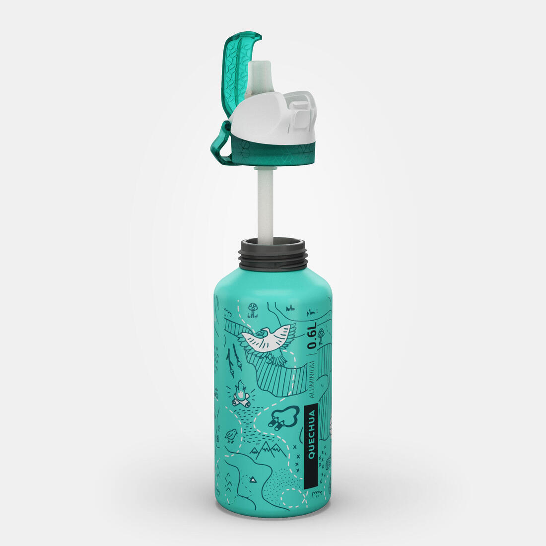 Gourde alu enfant 0,6L, bouchon instantané, pipette et paille, en alu recyclé