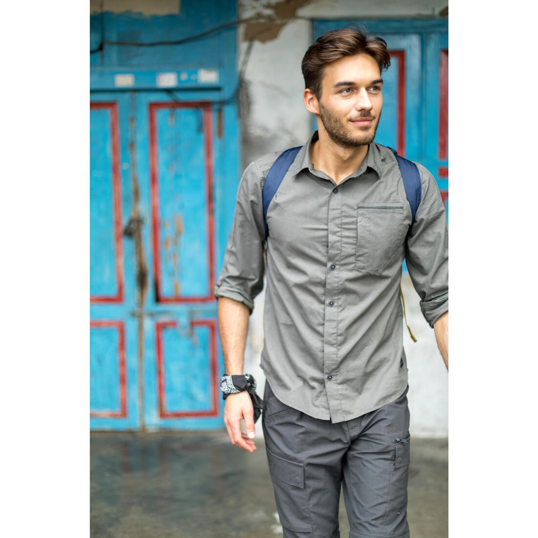 Chemise de trek voyage - TRAVEL 500 MODUL manches longues kaki homme
