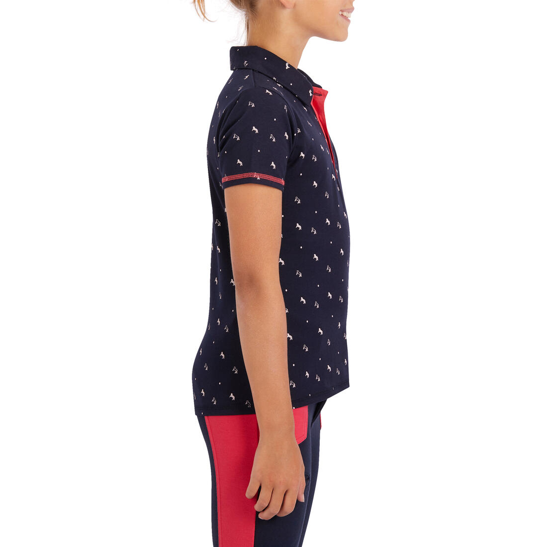 Polo manches courtes équitation fille 140 PONY bleu pétrole motifs turquoise