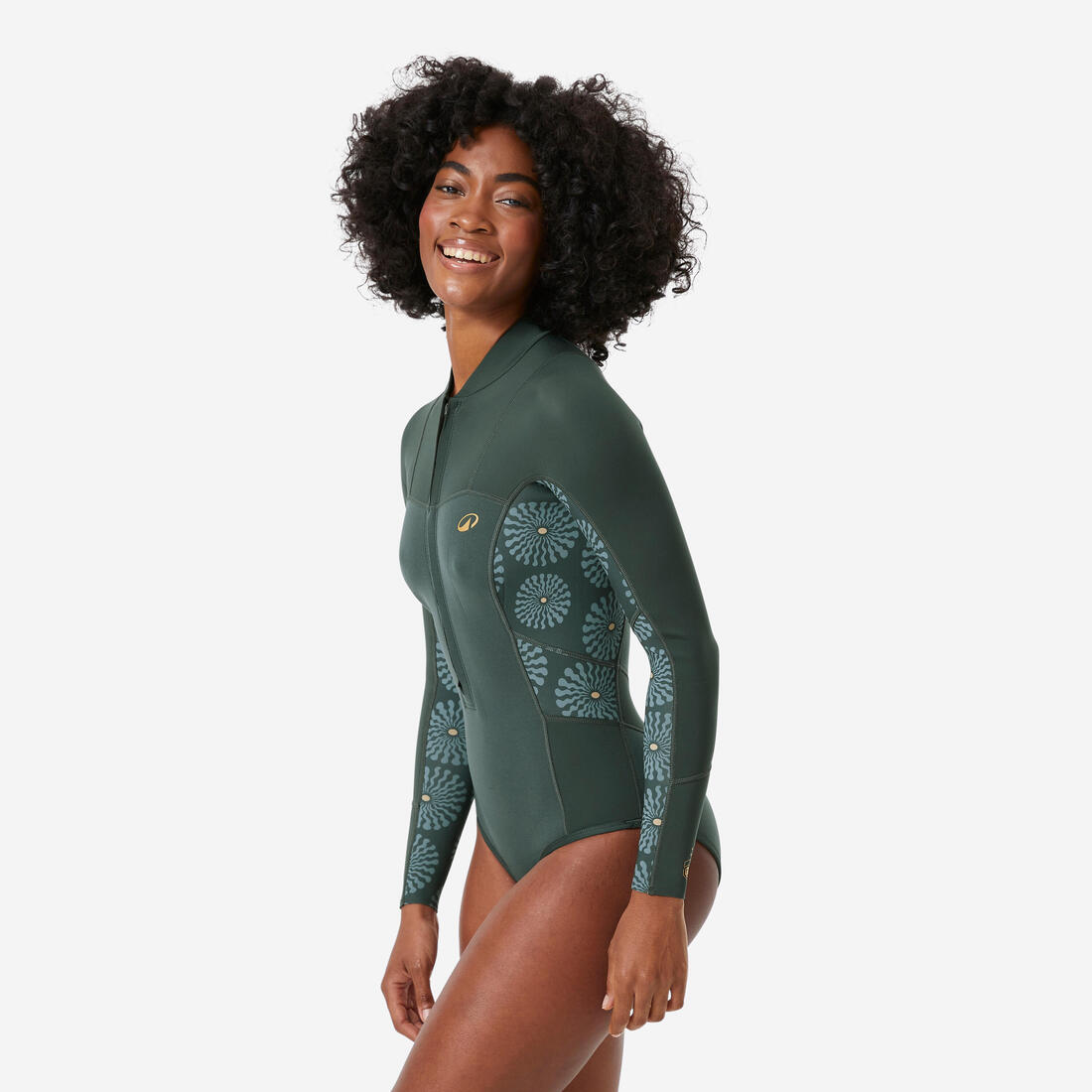 Shorty culotte surf front zip manches longues 1,5mm femme, 500 Green sunny vert