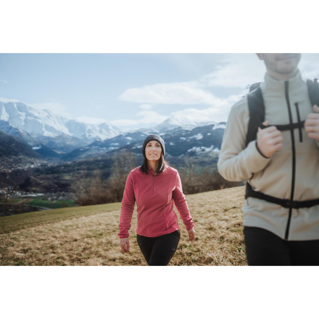 Polaire de randonnée montagne femme, MH100 demi zip rose