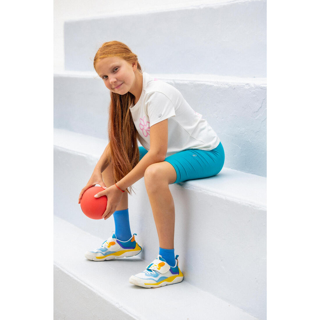 T-shirt multisport coton fille, imprimé blanc