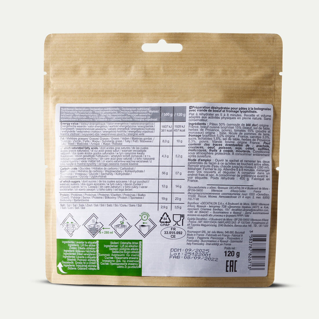 Repas lyophilisé - pâtes à la bolognaise - 120g
