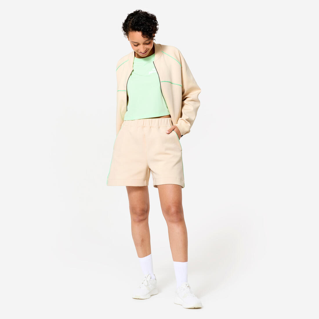 Short fitness ample, femme, beige et