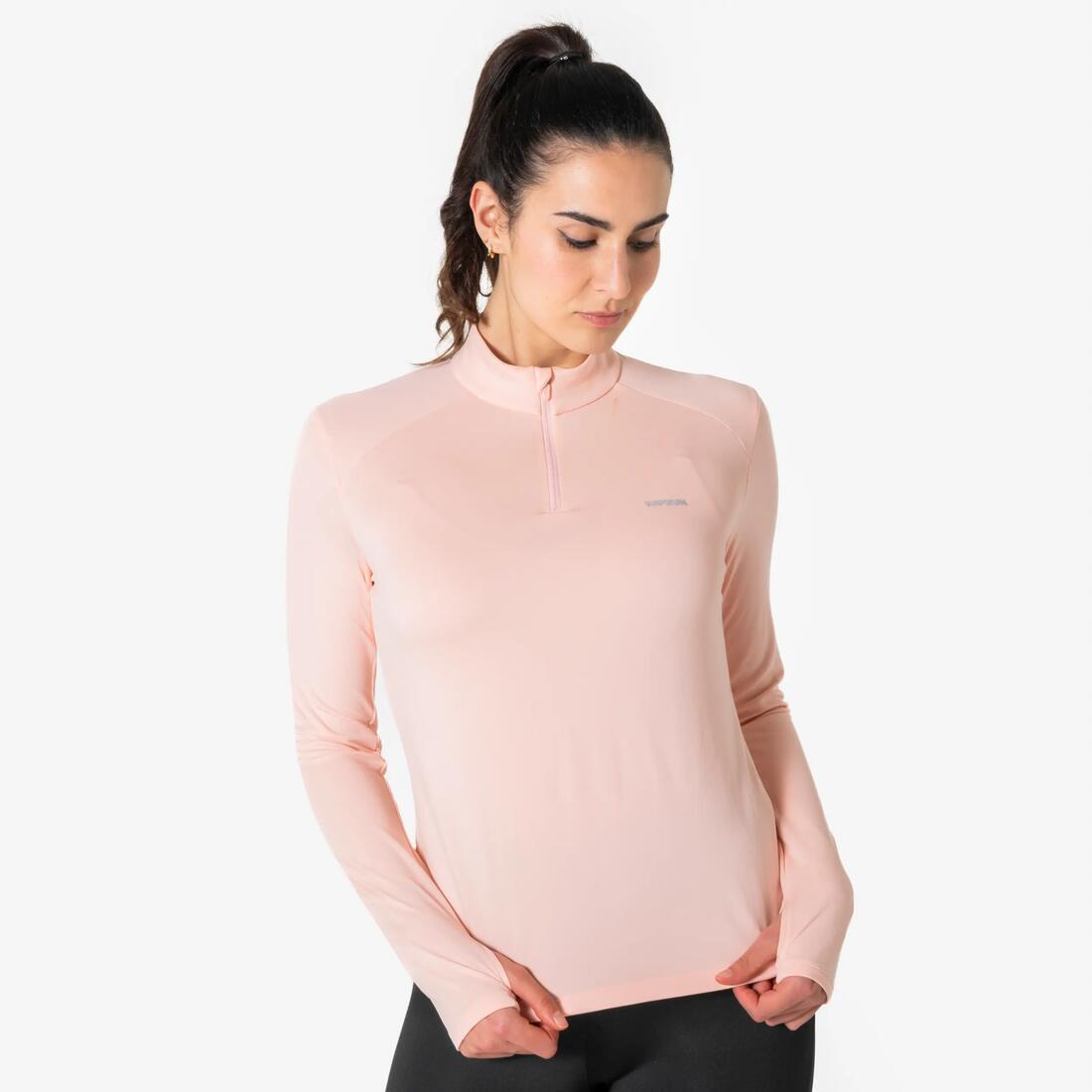 T-Shirt manches longues de running 1/2 zip Femme, Kiprun Run Core