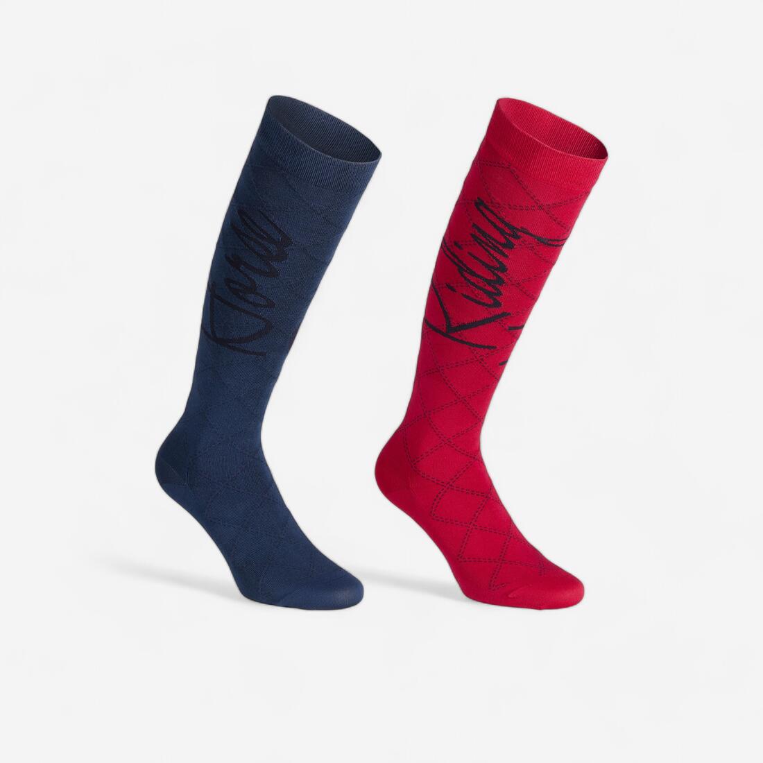 Chaussettes équitation femme 500 LIGHT bleu turquin et framboise