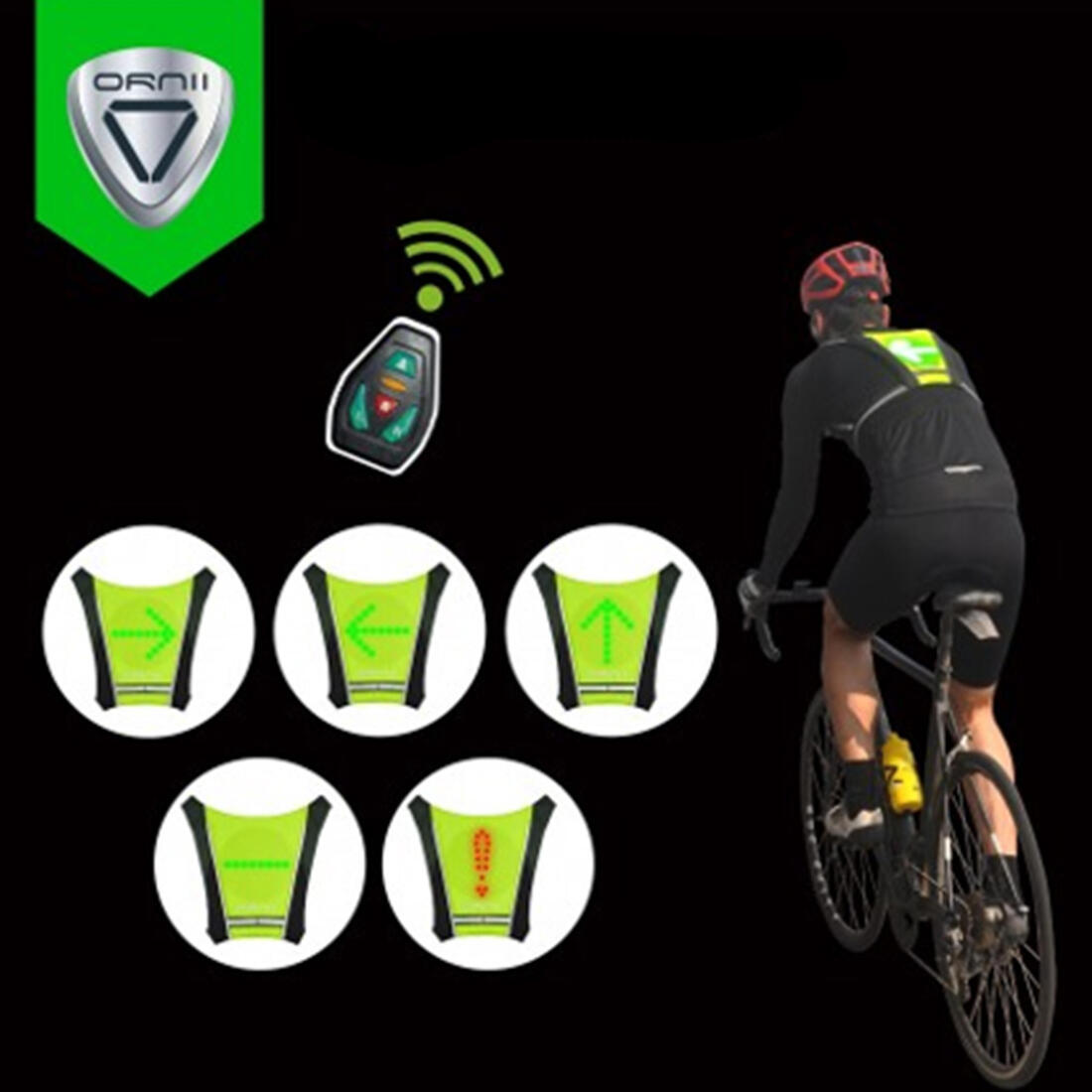 Gilet clignotant vélo noir jaune 5 signaux