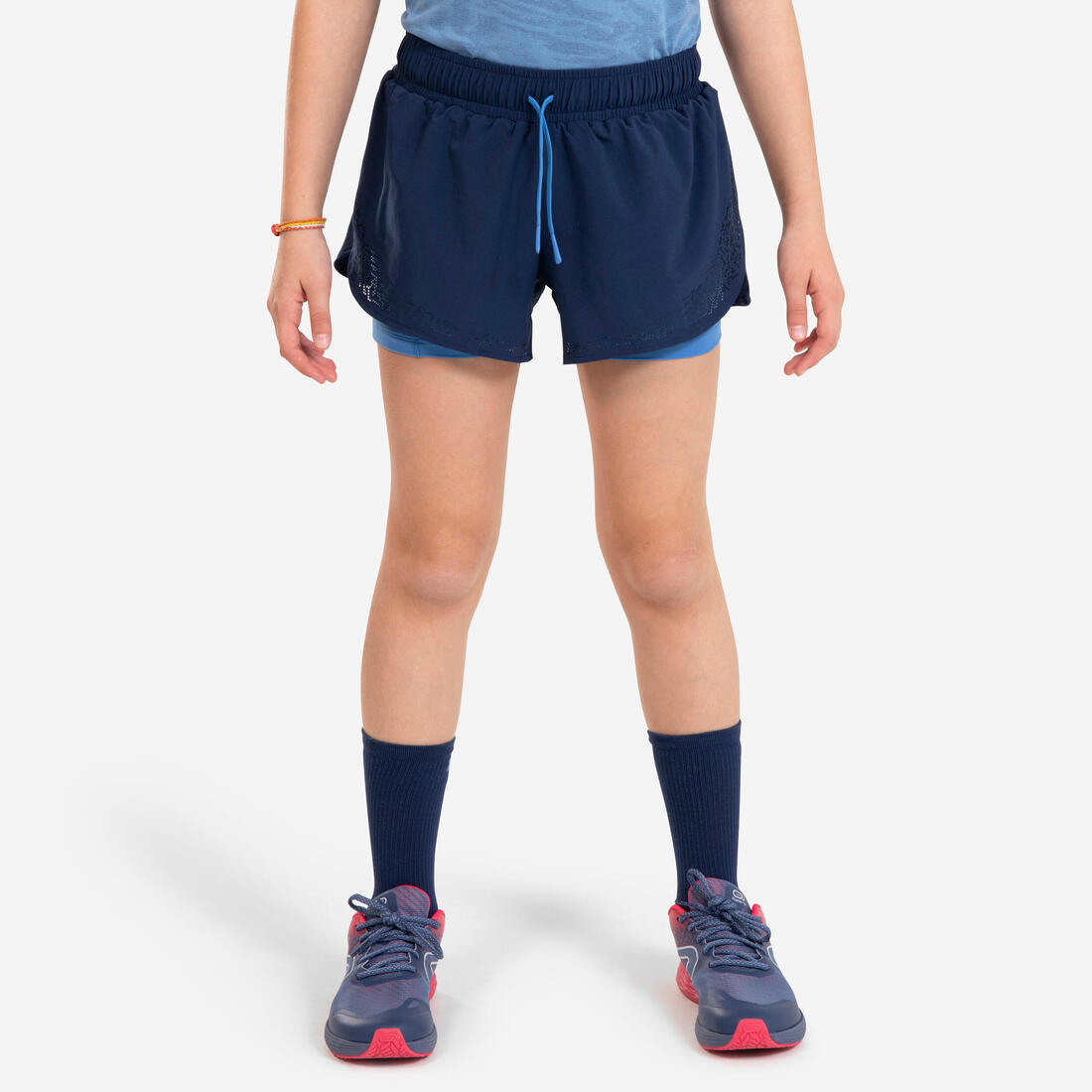 Short cuissard de running respirant Fille - KIPRUN DRY+ 2 en 1 marine et