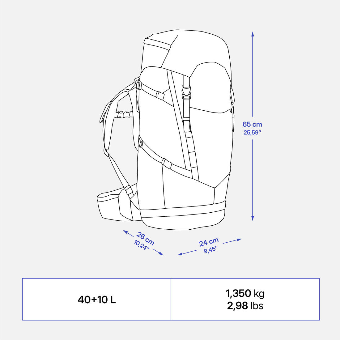 Sac à dos de randonnée 40+10L confortable et ventilé enfant, MH900