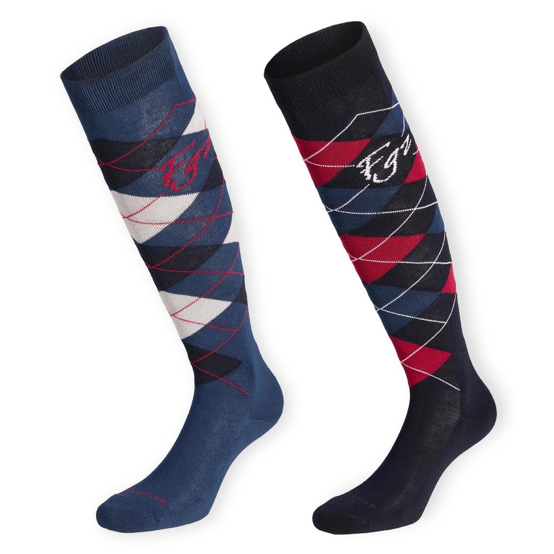 Chaussettes équitation enfant et adulte LOSANGES gris chiné/bleu ciel X 2 paire