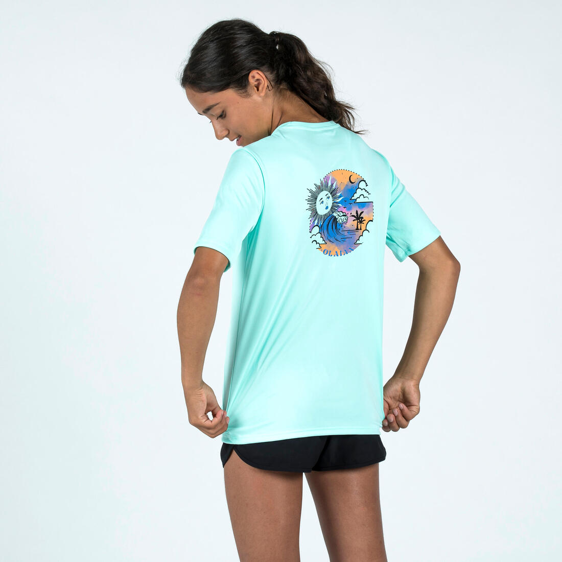 T-shirt anti UV manches courtes surf Junior - 100 blanc noir skate